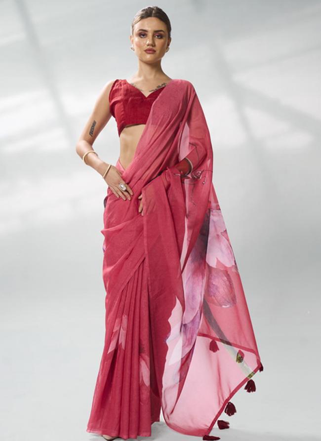 Organza Burgundy Ceremonial Wear Printed Saree